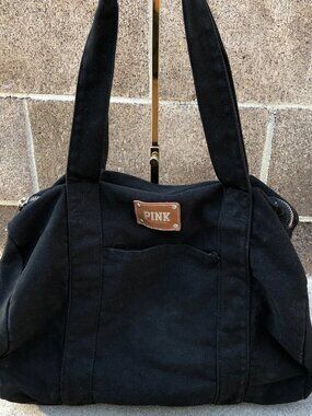 PINK VICTORIA SECRET Canvas Duffle Bag Large Purse Black Shoulder Bag
